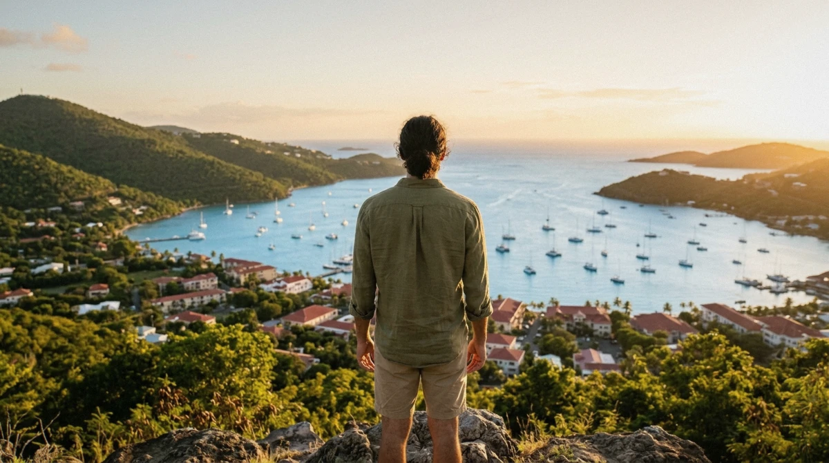A traveler watching the St. Thomas sunset without a cruise from a hilltop overlook above Charlotte Amalie harbor and its sailboats