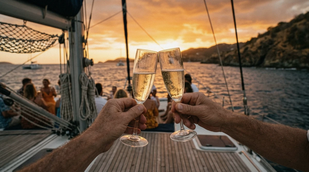 A champagne toast at sunset aboard a catamaran on a sunset cruise in St. Thomas, glasses raised against the golden sky