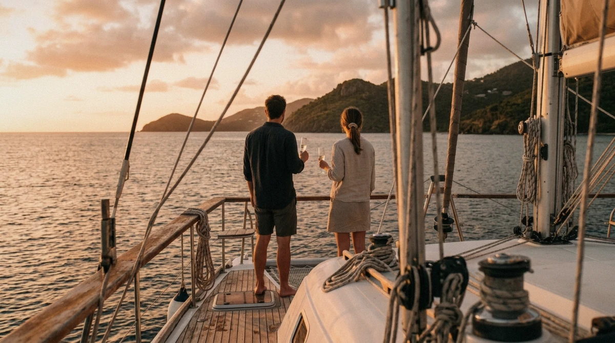Catamaran sailing into the golden Caribbean sunset on a champagne sunset cruise in St. Thomas departing from Margaritaville Resort