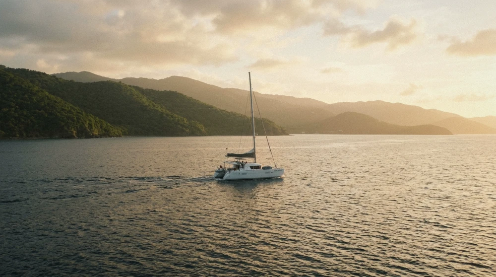 The Breakaway catamaran cruising past St. Thomas keys at sunset on a cocktail sunset cruise from Sapphire Beach