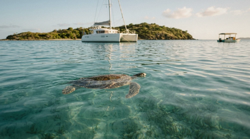 Catamaran anchored by the floating Pizza Pi boat before a St. Thomas sunset sail on a full-day turtles and sunset excursion