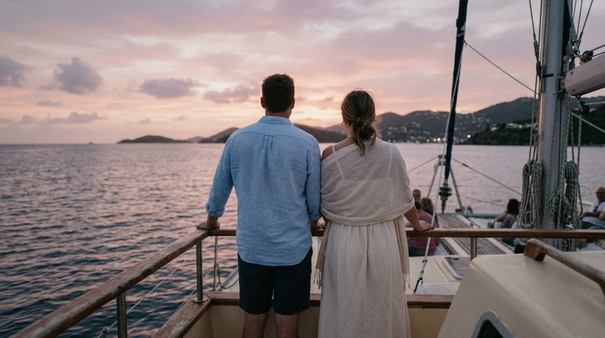 A couple in light summer layers at the rail of a catamaran during a sunset cruise in St. Thomas as the sky turns pink